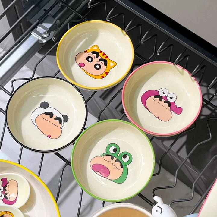 🖍️ Crayon Shin-chan Solo Dining Set — Animal Series 🐸🐼🐯🐊 Ceramic Bowl & Plate Set with Gift Box 🎁
