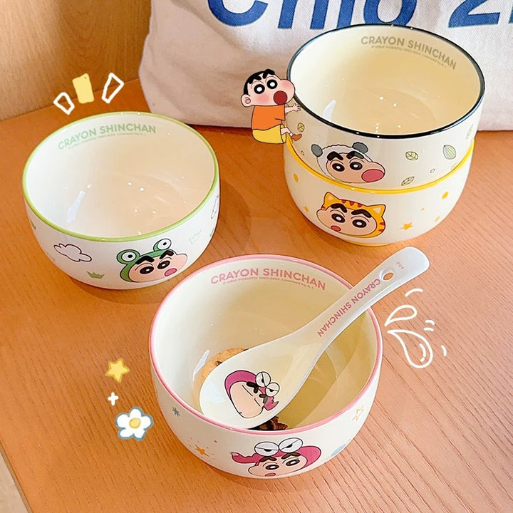 🖍️ Crayon Shin-chan Solo Dining Set — Animal Series 🐸🐼🐯🐊 Ceramic Bowl & Plate Set with Gift Box 🎁