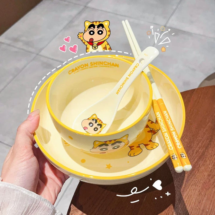 🖍️ Crayon Shin-chan Solo Dining Set — Animal Series 🐸🐼🐯🐊 Ceramic Bowl & Plate Set with Gift Box 🎁