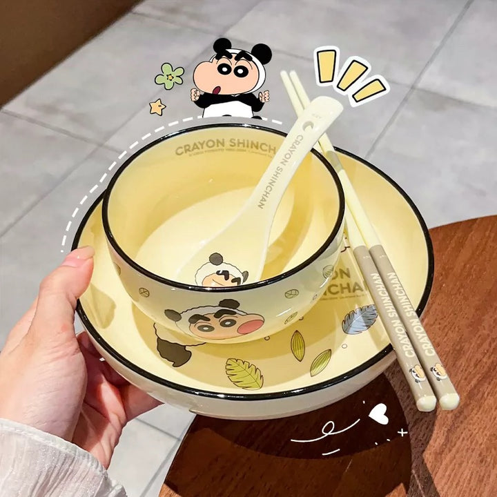 🖍️ Crayon Shin-chan Solo Dining Set — Animal Series 🐸🐼🐯🐊 Ceramic Bowl & Plate Set with Gift Box 🎁