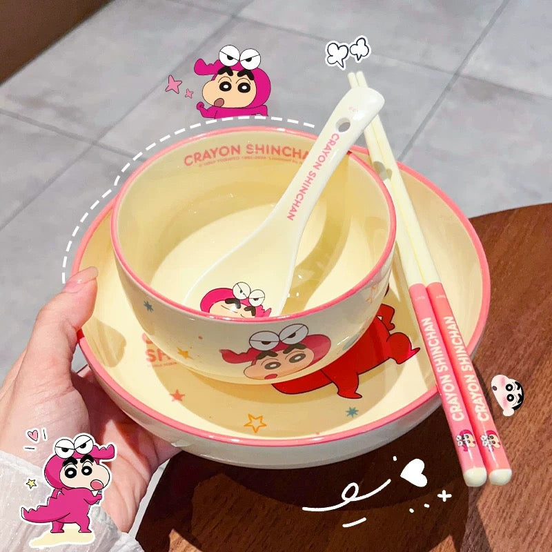 🖍️ Crayon Shin-chan Solo Dining Set — Animal Series 🐸🐼🐯🐊 Ceramic Bowl & Plate Set with Gift Box 🎁