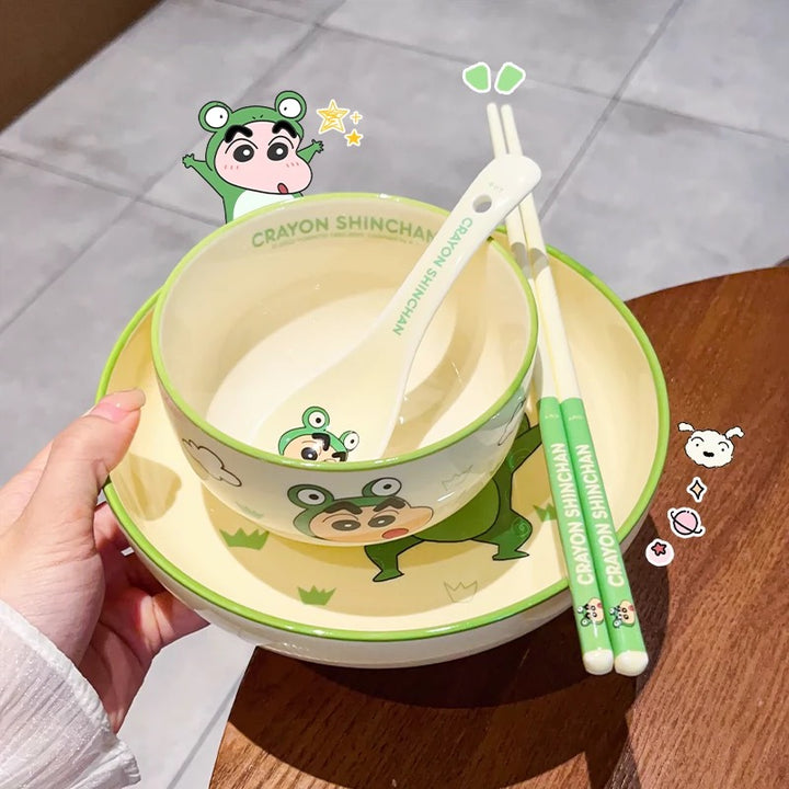 🖍️ Crayon Shin-chan Solo Dining Set — Animal Series 🐸🐼🐯🐊 Ceramic Bowl & Plate Set with Gift Box 🎁