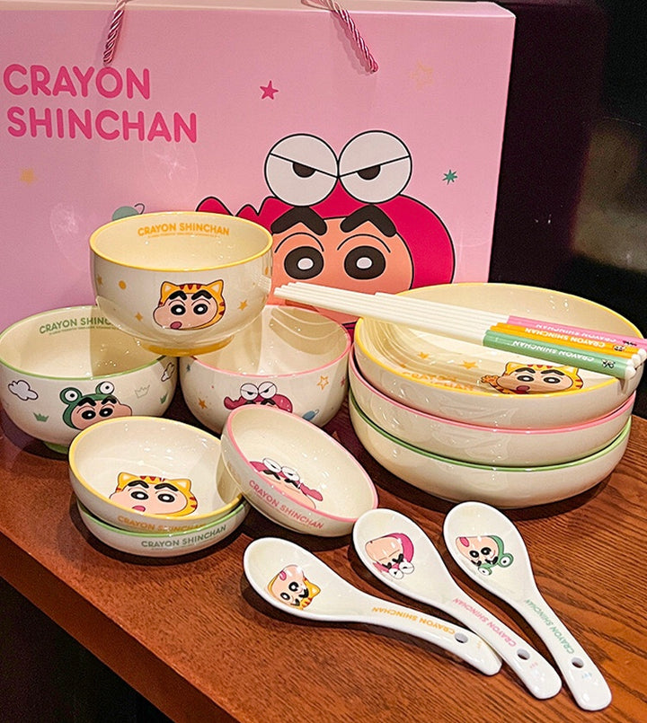 🖍️ Crayon Shin-chan Solo Dining Set — Animal Series 🐸🐼🐯🐊 Ceramic Bowl & Plate Set with Gift Box 🎁