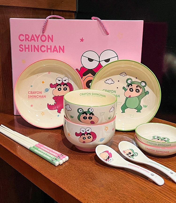🖍️ Crayon Shin-chan Solo Dining Set — Animal Series 🐸🐼🐯🐊 Ceramic Bowl & Plate Set with Gift Box 🎁