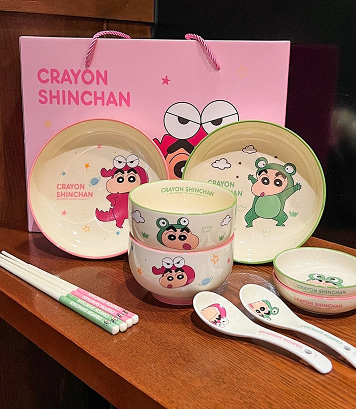 🖍️ Crayon Shin-chan Solo Dining Set — Animal Series 🐸🐼🐯🐊 Ceramic Bowl & Plate Set with Gift Box 🎁