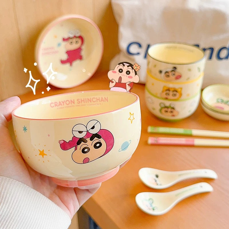 🖍️ Crayon Shin-chan Solo Dining Set — Animal Series 🐸🐼🐯🐊 Ceramic Bowl & Plate Set with Gift Box 🎁