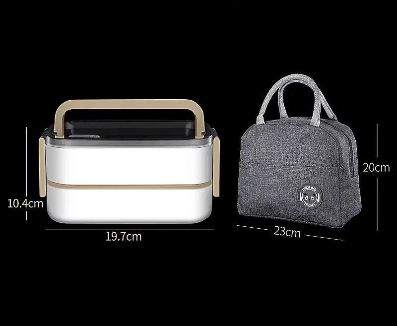 「Lunch Box」2 Tier Bento Box with 3 Compartments & Cutlery, Portable Lunch Box with Lunch Bag & Utensils Spoon, Fork, Chopsticks, Bag