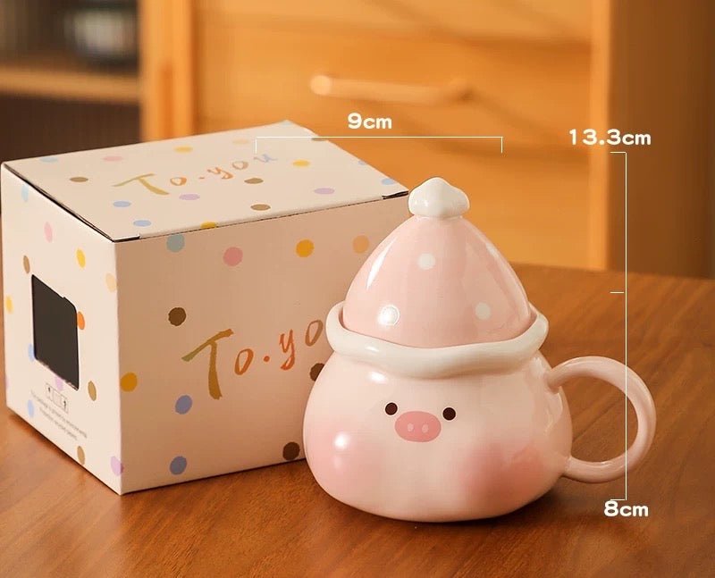 Ceramic Mug with Lid – Cute Pig & Bear Design, Heat Resistant, Microwave & Dishwasher Safe