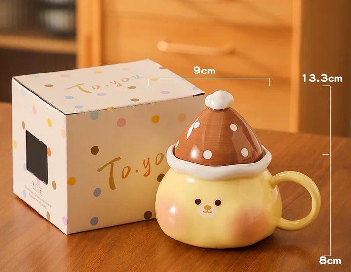 Ceramic Mug with Lid – Cute Pig & Bear Design, Heat Resistant, Microwave & Dishwasher Safe