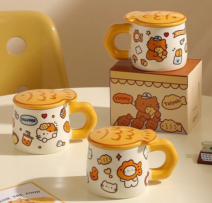 Ceramic Mug with Lid – Taiyaki Cat Design, Underglaze Finish, Heat Resistant