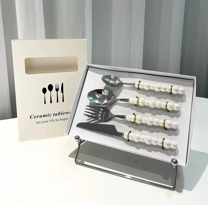Cutlery Set 4pcs, Stainless Steel Pearl with Ceramic Pear Handles, Come with Giftbox