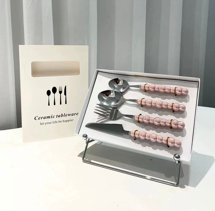 Cutlery Set 4pcs, Stainless Steel Pearl with Ceramic Pear Handles, Come with Giftbox