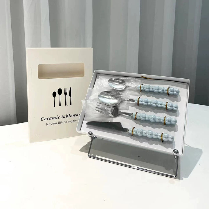 Cutlery Set 4pcs, Stainless Steel Pearl with Ceramic Pear Handles, Come with Giftbox