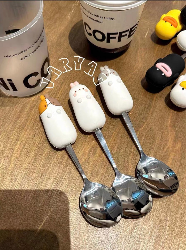 2pcs Cartoon Silicone Handle Stainless Steel 「Spoon & Fork」 Set