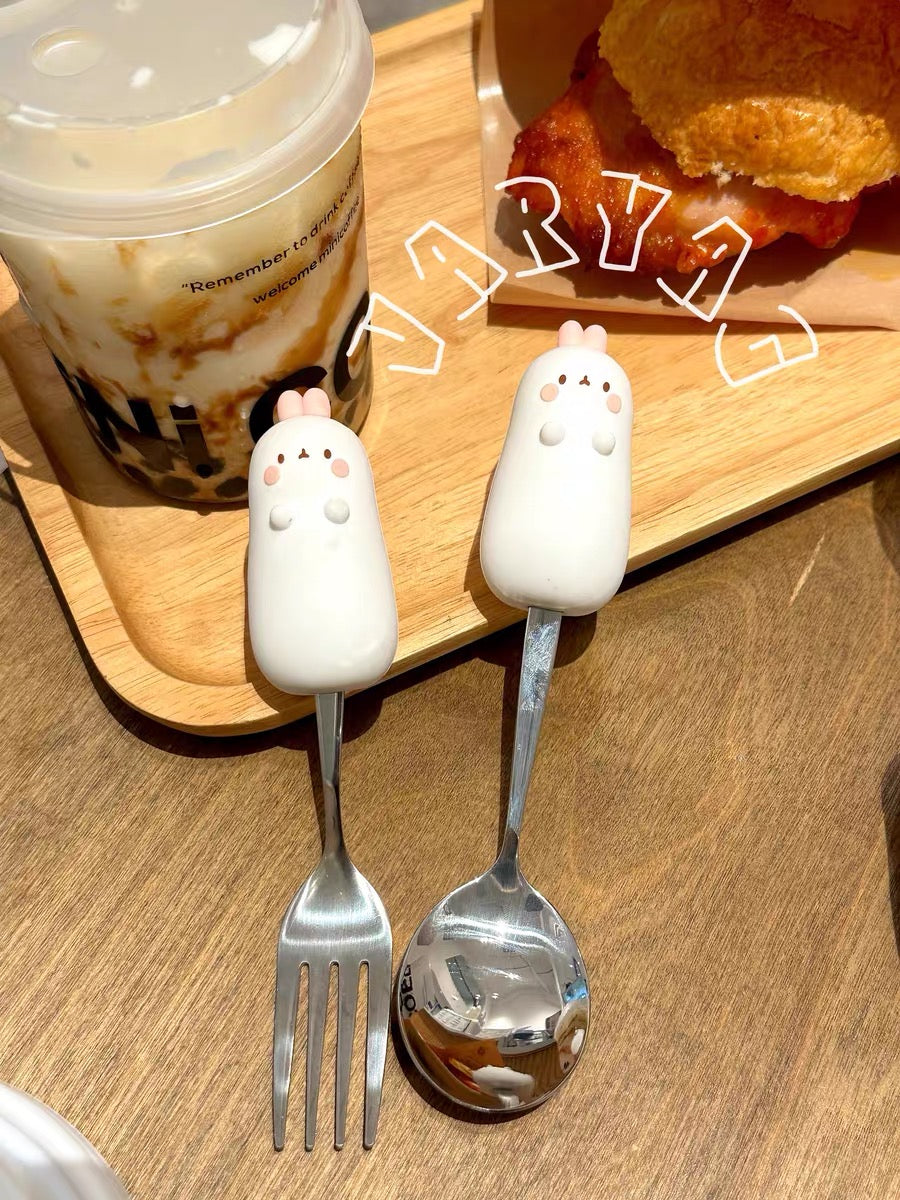 2pcs Cartoon Silicone Handle Stainless Steel 「Spoon & Fork」 Set
