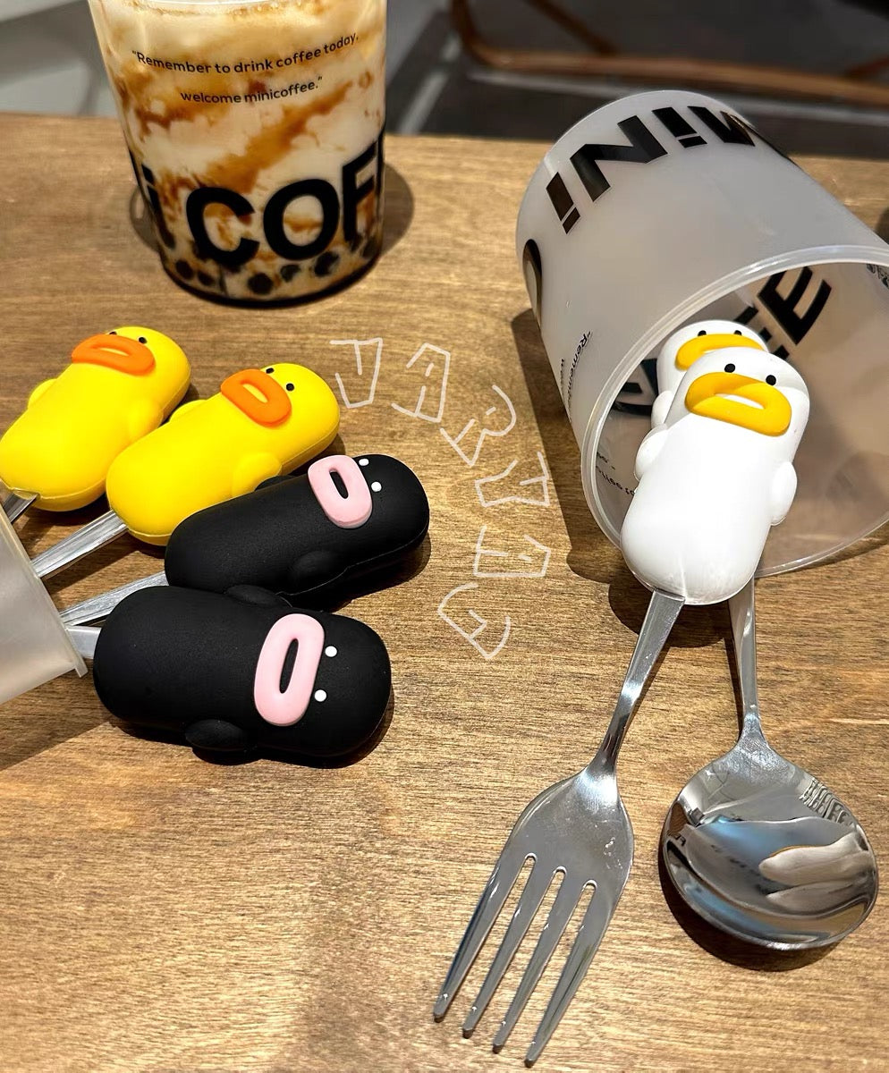 2pcs Cartoon Silicone Handle Stainless Steel 「Spoon & Fork」 Set