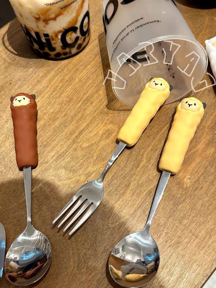 2pcs Cartoon Silicone Handle Stainless Steel 「Spoon & Fork」 Set