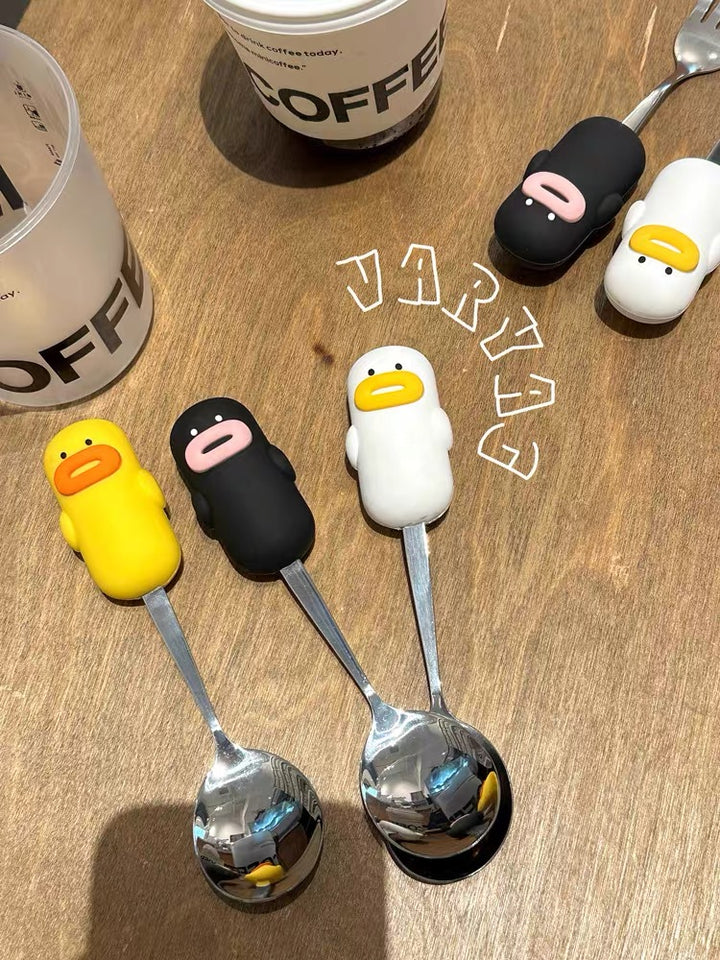 2pcs Cartoon Silicone Handle Stainless Steel 「Spoon & Fork」 Set