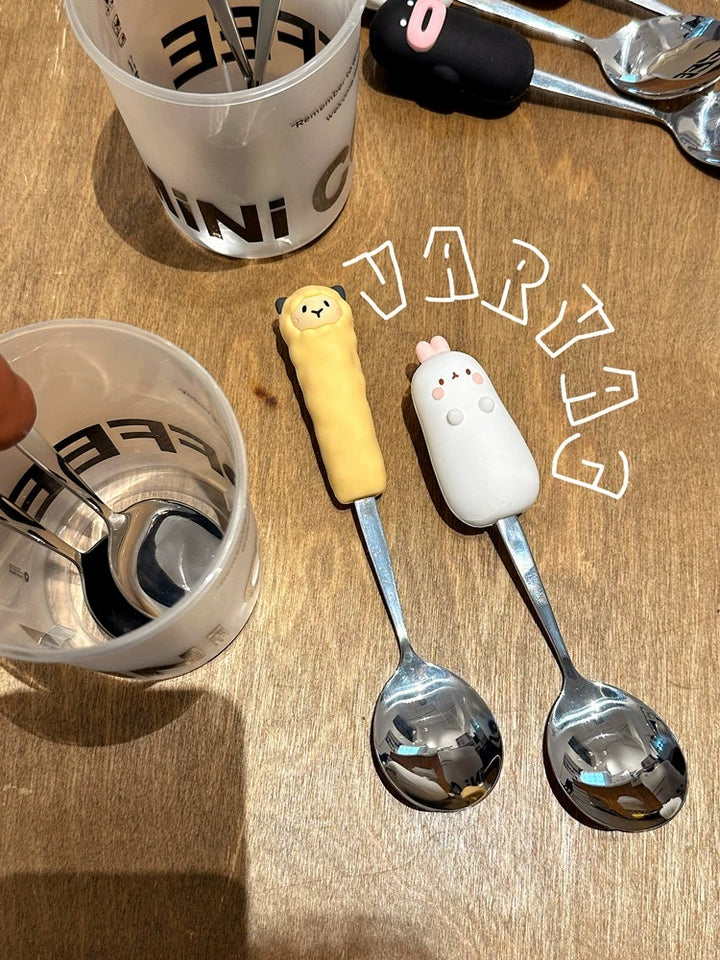 2pcs Cartoon Silicone Handle Stainless Steel 「Spoon & Fork」 Set