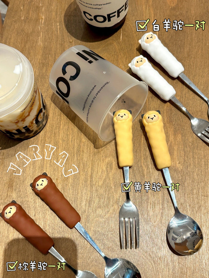 2pcs Cartoon Silicone Handle Stainless Steel 「Spoon & Fork」 Set