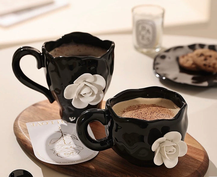 Camellia Blossom Coffee Cup & Saucer Set |Handcrafted Embossed Camellia Mug ☕ | Milk Cup 🥛