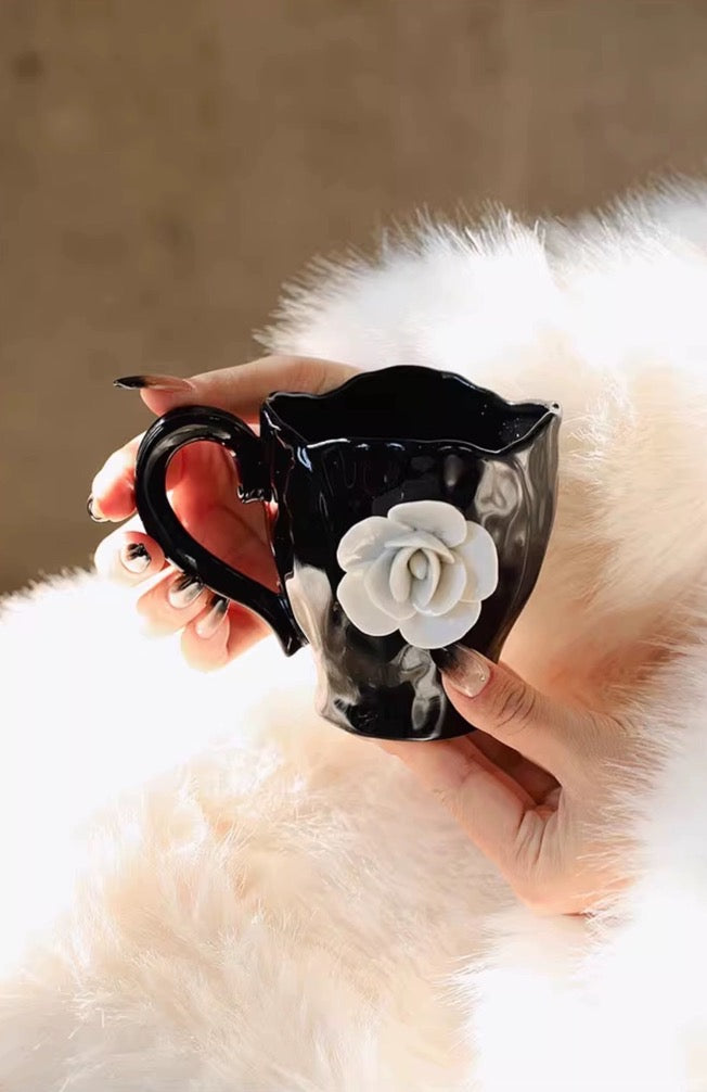 Camellia Blossom Coffee Cup & Saucer Set |Handcrafted Embossed Camellia Mug ☕ | Milk Cup 🥛