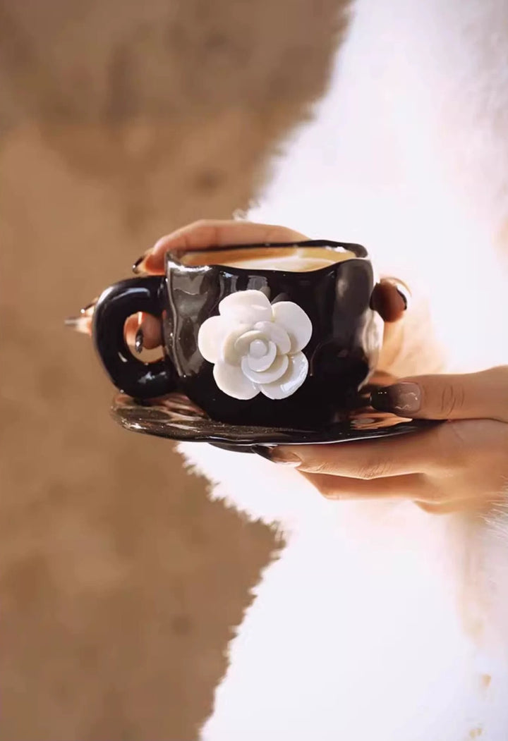 Camellia Blossom Coffee Cup & Saucer Set |Handcrafted Embossed Camellia Mug ☕ | Milk Cup 🥛