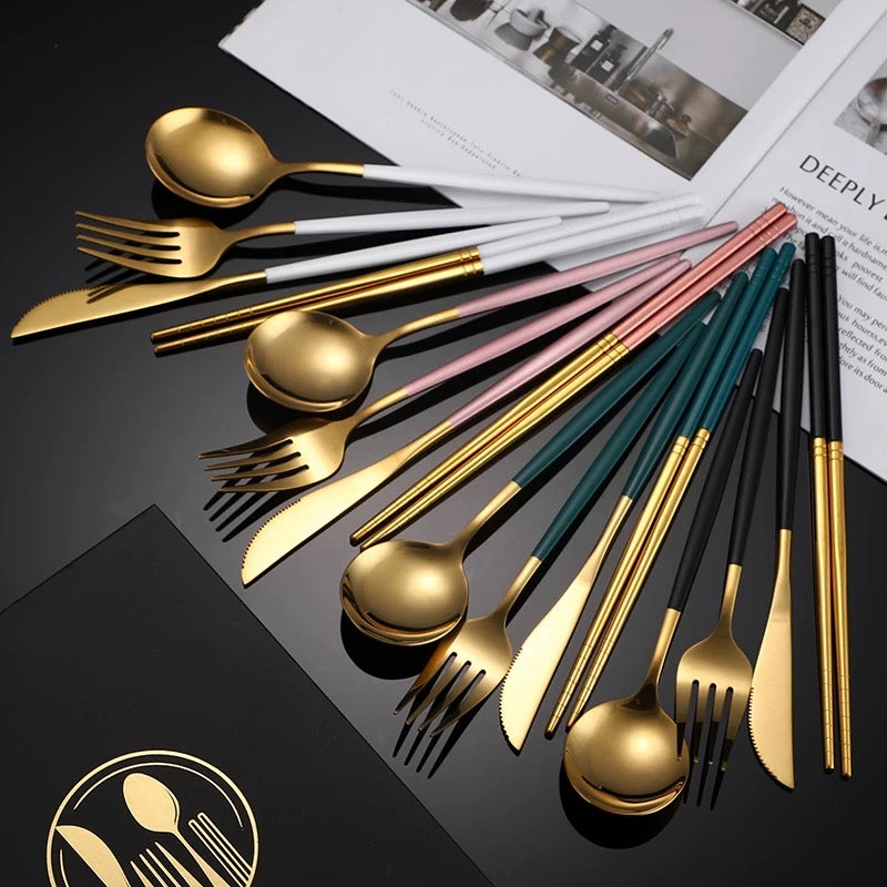 Stainless Steel Tableware Spoon & Fork Knife Chopsticks 4-Piece Set