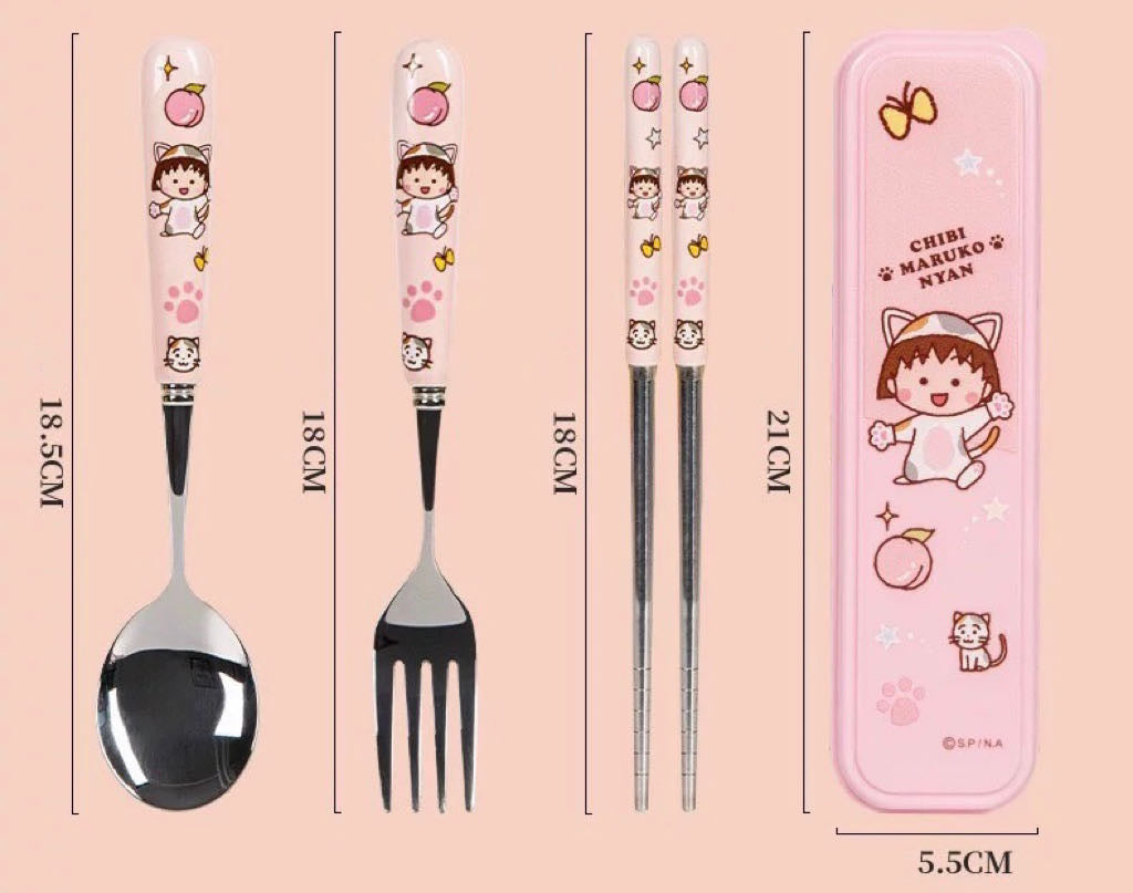 Chibi Maruko-chan 3-Piece Set Portable Tableware Set Stainless Steel Spoon +Fork +Chopsticks Pink Set
