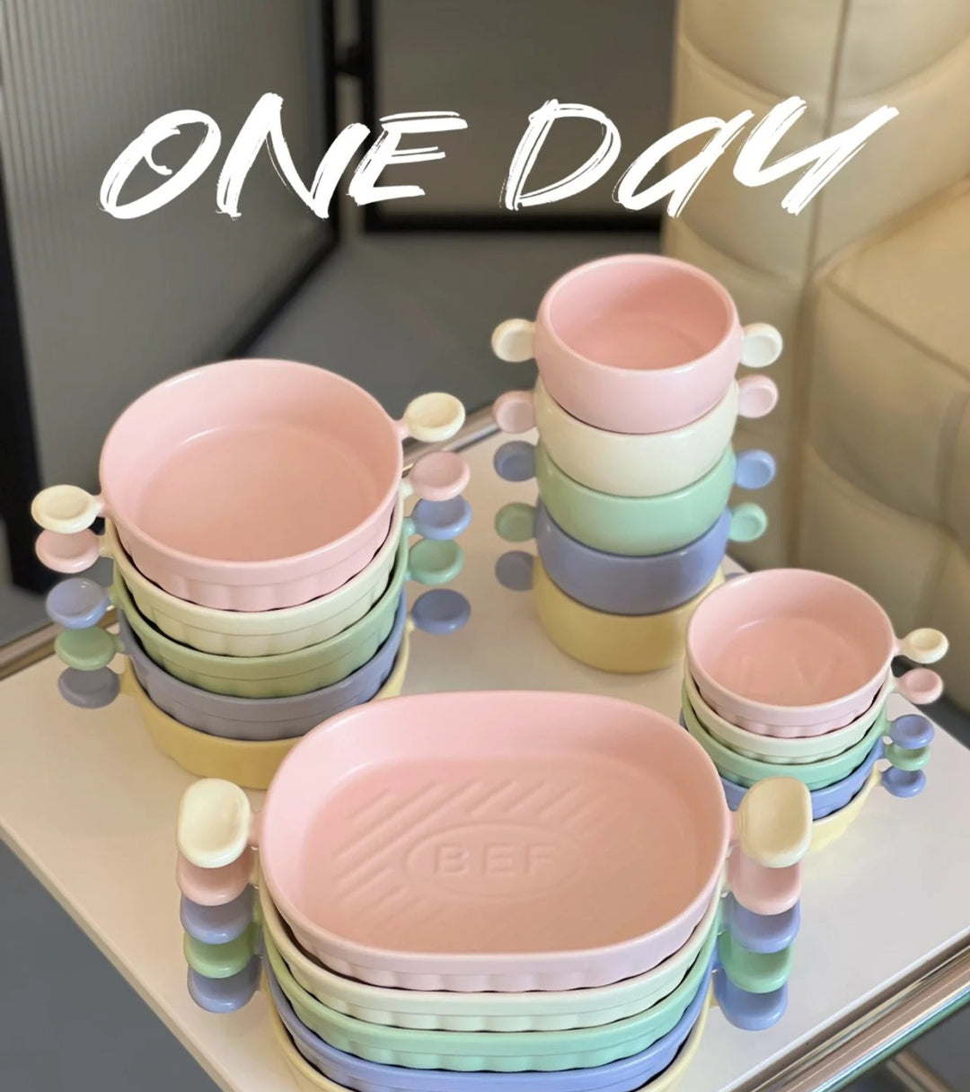 Steams Bakes Series Soft & Cute Girly Series Double Ear Minimalist Candy Bowl Plate Set