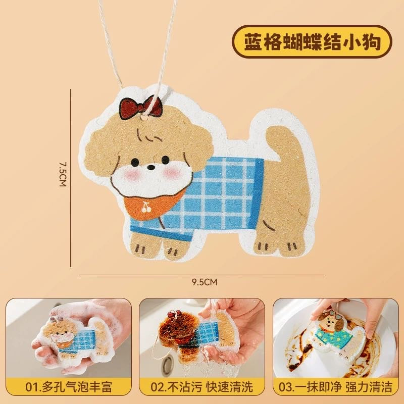 Cute Lanyard Wood Pulp Sponge Dish Sponge Cup Scouring Pad 1 Set Different Styles