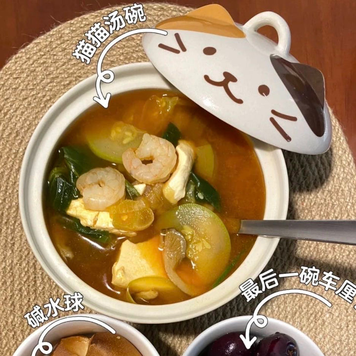 Cute Cat Ceramic Large Capacity with Lid Soup Bowl Noodle Bowl