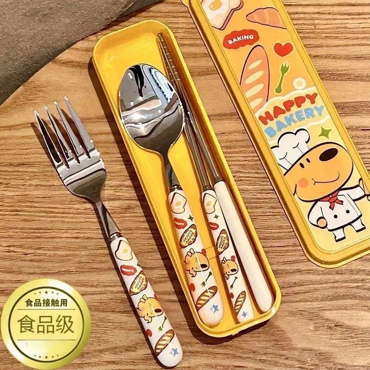 Bread Dog Stainless Steel 304 Portable 3-Piece Set Chopsticks Spoon & Fork