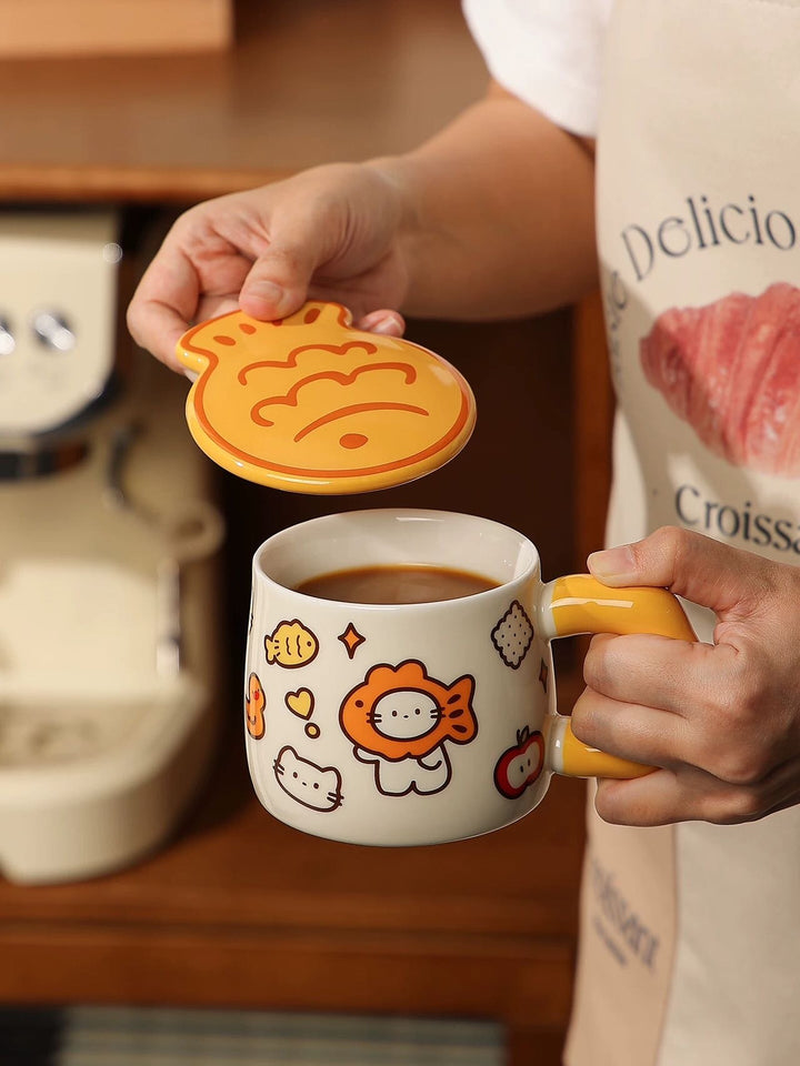 Cat Mug with Lid Ceramic Cup Underglaze Heat Resistant