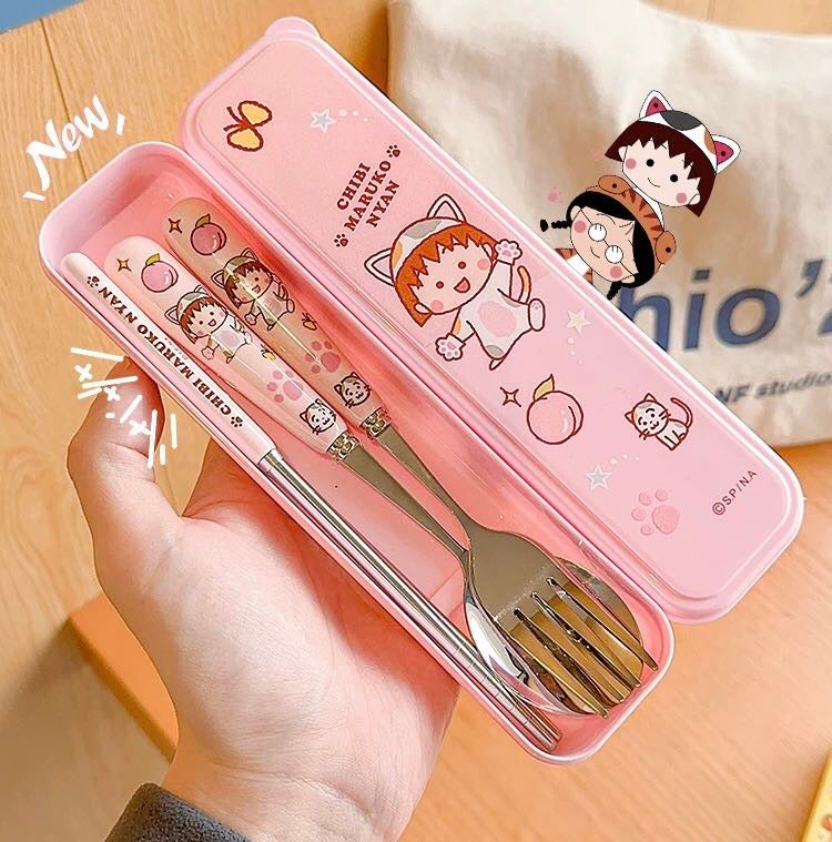 Chibi Maruko-chan 3-Piece Set Portable Tableware Set Stainless Steel Spoon +Fork +Chopsticks Pink Set