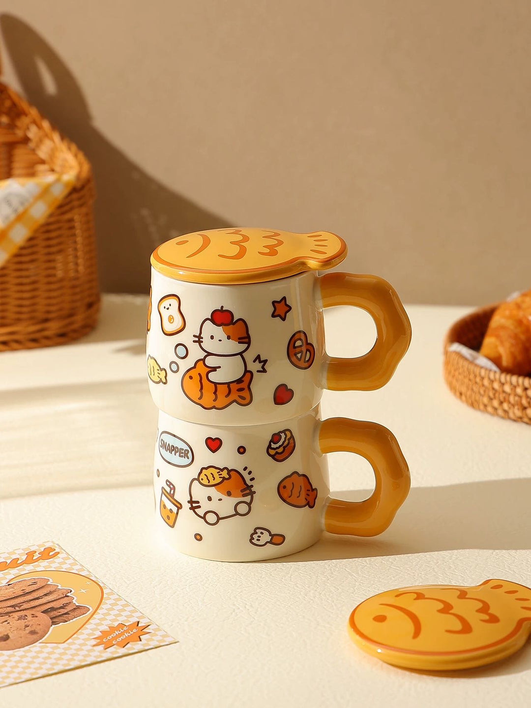 Cat Mug with Lid Ceramic Cup Underglaze Heat Resistant