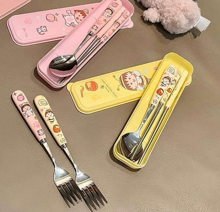 Chibi Maruko-chan 3-Piece Set Portable Tableware Set Stainless Steel Spoon +Fork +Chopsticks Pink Set