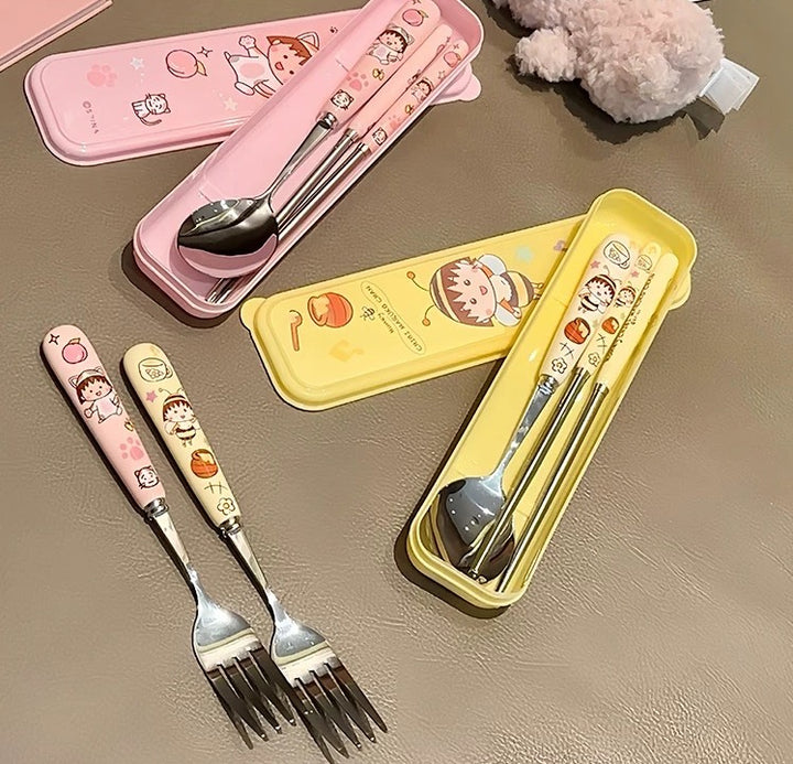 Chibi Maruko-chan 3-Piece Set Portable Tableware Set Stainless Steel Spoon +Fork +Chopsticks Pink Set