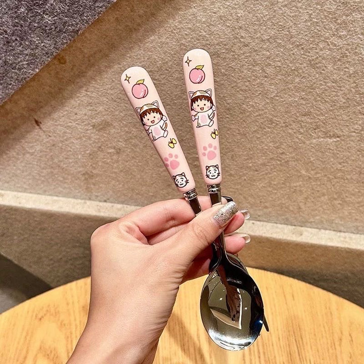 Chibi Maruko-chan 3-Piece Set Portable Tableware Set Stainless Steel Spoon +Fork +Chopsticks Pink Set