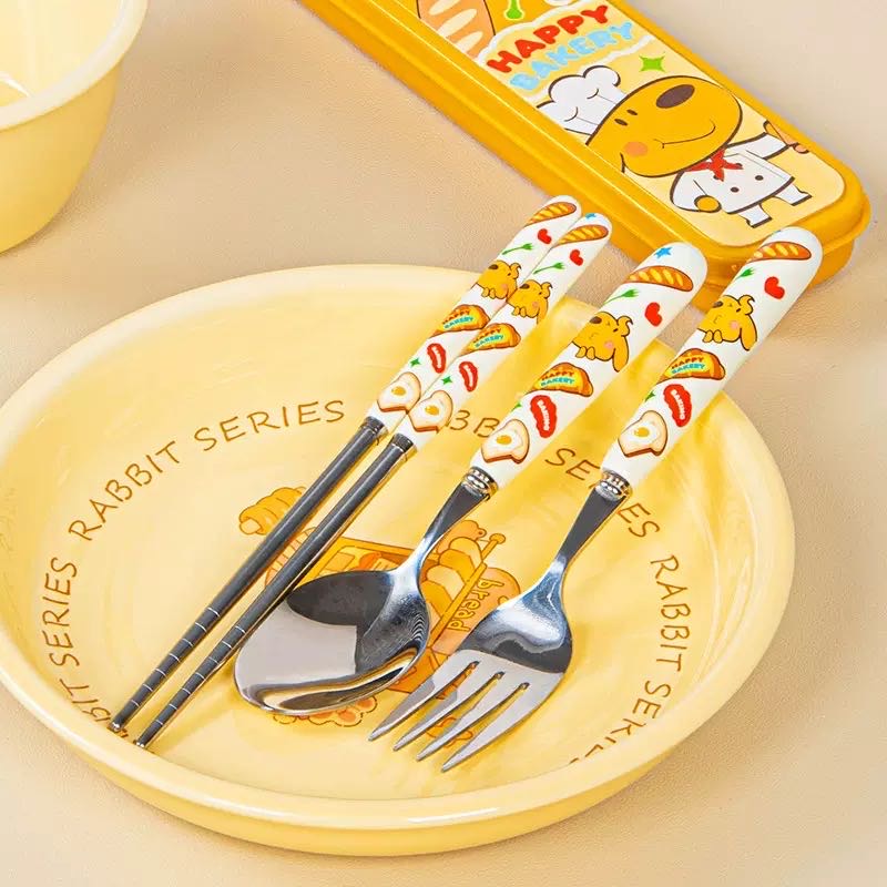 Bread Dog Stainless Steel 304 Portable 3-Piece Set Chopsticks Spoon & Fork