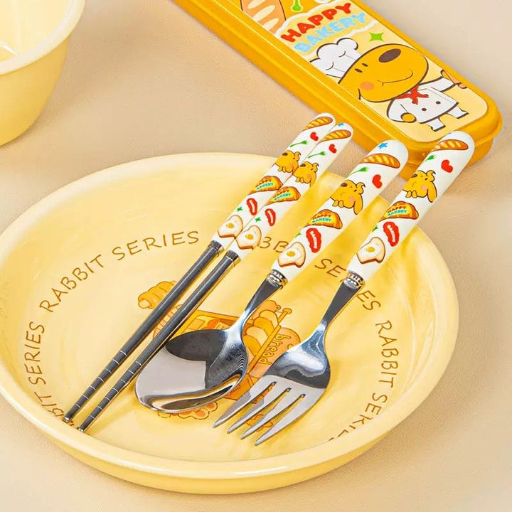 Bread Dog Stainless Steel 304 Portable 3-Piece Set Chopsticks Spoon & Fork