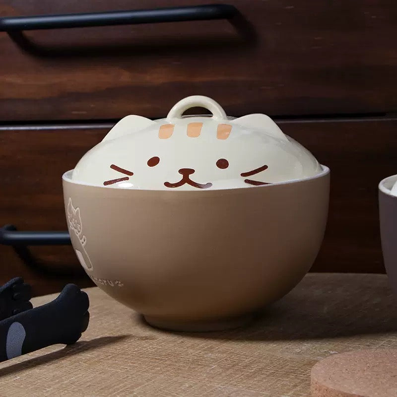Cute Cat Ceramic Large Capacity with Lid Soup Bowl Noodle Bowl