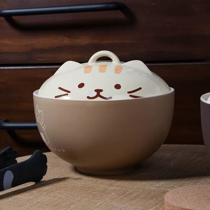 Cute Cat Ceramic Large Capacity with Lid Soup Bowl Noodle Bowl