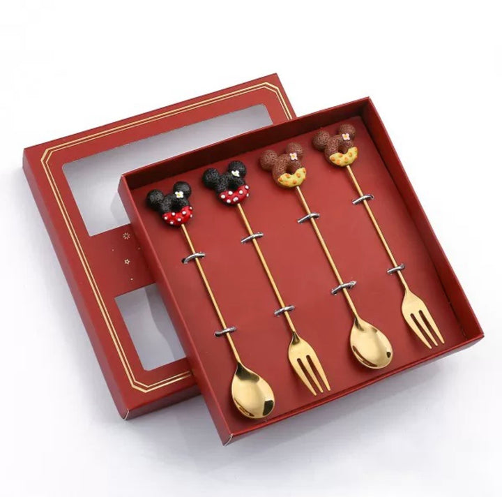 Mickey 304 Stainless Steel Gold Coffee Spoon Fruit Fork 2-Piece Set