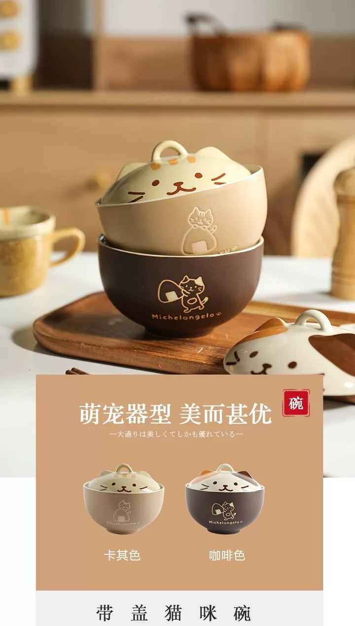 Cute Cat Ceramic Large Capacity with Lid Soup Bowl Noodle Bowl