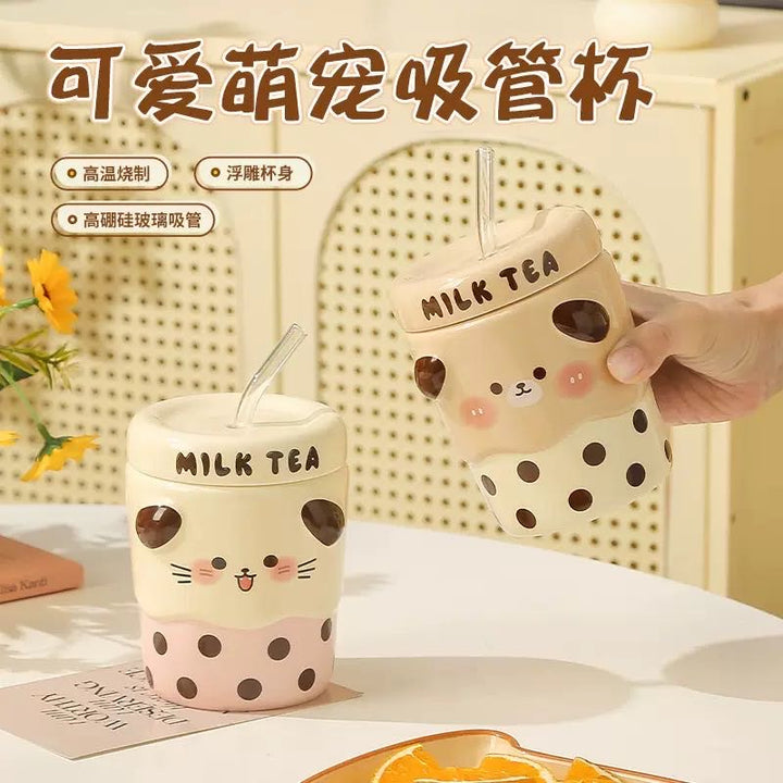 Cute Cute Milk Tea Straw Cup with Lid Ceramic Cup Glass Straw