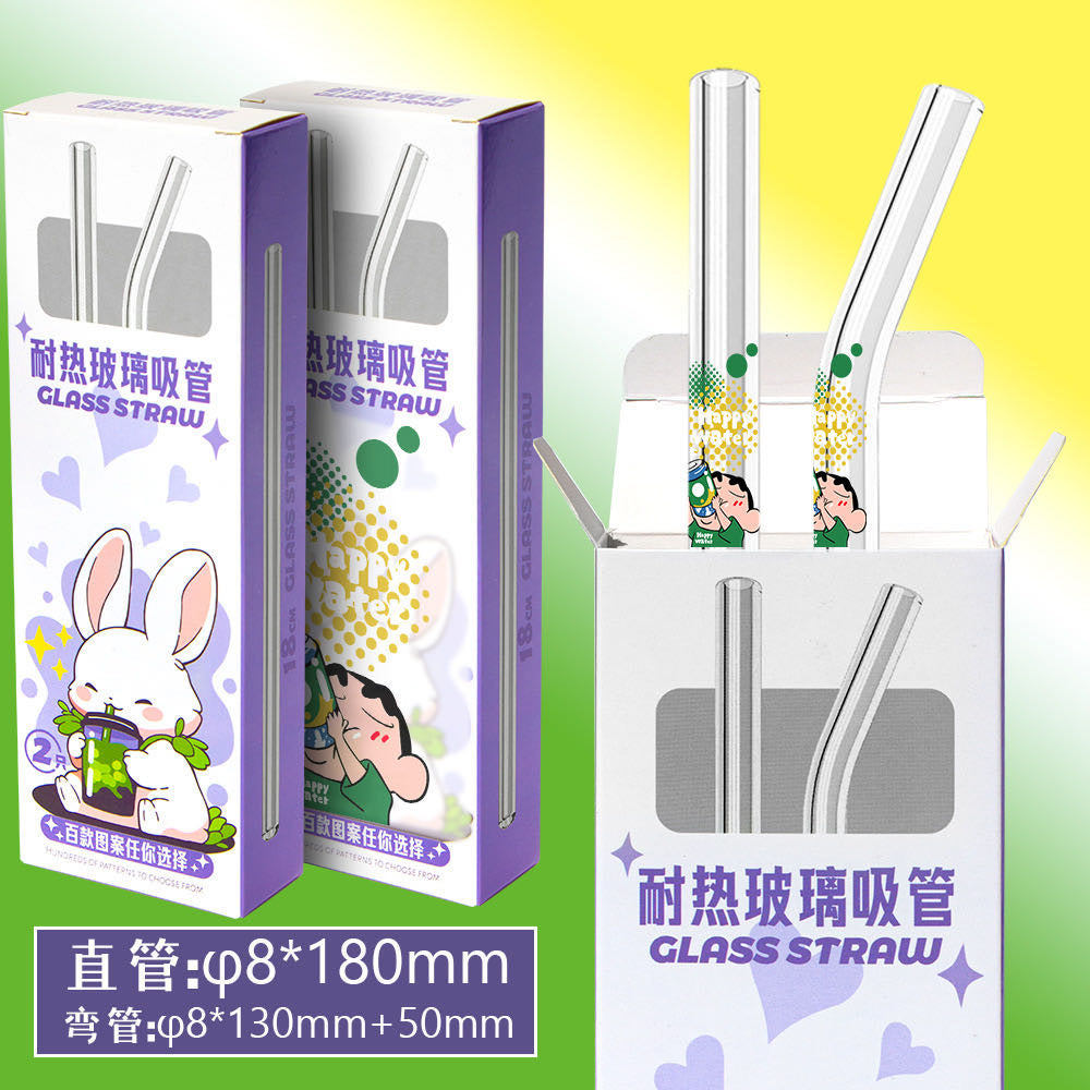 Transparent Heat Resistant Glass Straw Milk Tea Juice Straw 2Straw +Cleaning Brush Straw