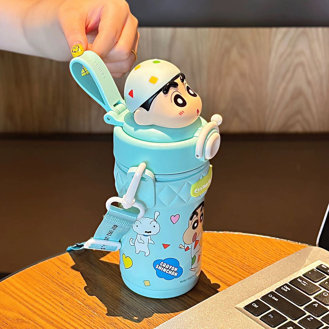 Crayon Shin-chan 316 Thermos Cup Portable Straw Cup Travel Mug Crossbody One-button Pop Lid +Safety Lock 520ml