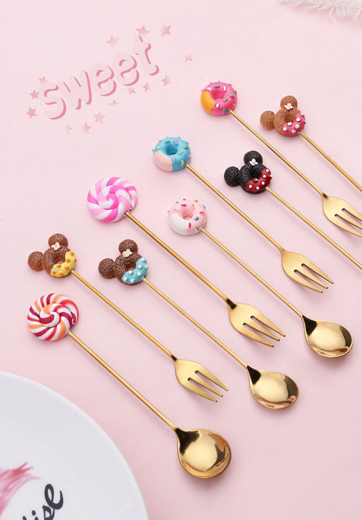 Donut 304 Stainless Steel Gold Coffee Spoon Fruit Fork 2-Piece Set