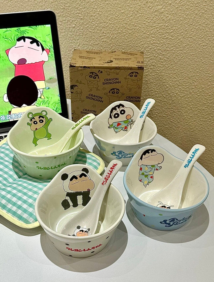Crayon Shin-chan Cute Ceramic Tableware Set Irregular Shape Rice Bowl Soup Spoon Kids